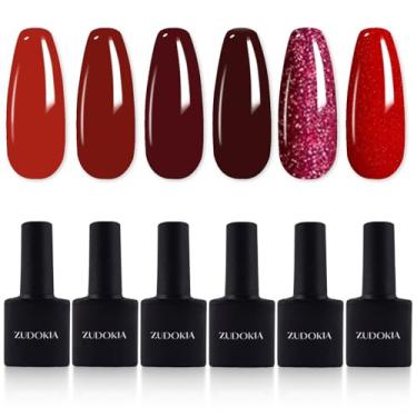 Imagem de ZUDOKIA Conjunto de esmalte de gel vermelho, 6 cores, coleção popular Bloody Mary, kit de esmalte de gel borgonha vermelho brilhante design de arte de unhas de imersão UV/LED kit de unhas de gel