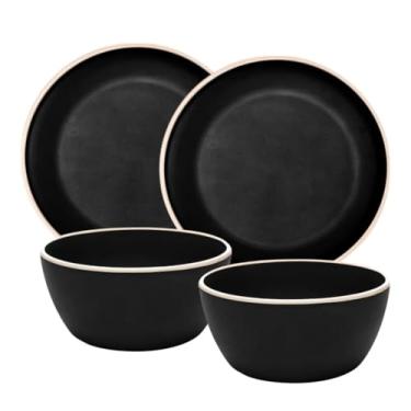 Imagem de Kit De 2 Bowls Tigelas De Melamina + 2 Pratos De Sobremesa 22cm Mesa Posta Resistente (PRETO)