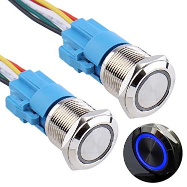 Imagem de DMWD 2 peças interruptor de botão de travamento de 19 mm à prova d'água 12 V-24 V anel led 1NO 1NC autotravamento liga/desliga metal redondo 3/10.2 cm orifício de montagem com plugue de soquete de fio