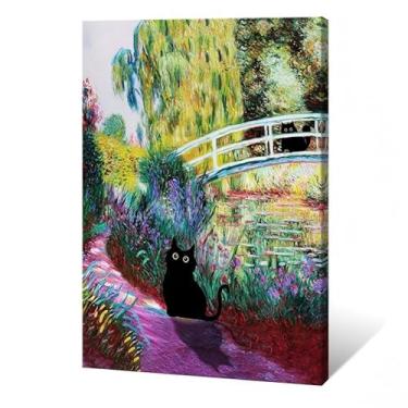 Imagem de Gwindrise Pintura de arte de parede de gato preto, arte de parede em tela de ponte de jardim de gato preto, 30,5 x 40,6 cm, emoldurado, pronto para pendurar, impressão à prova d'água