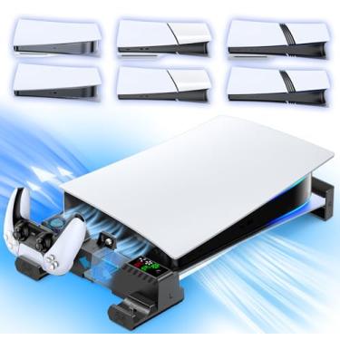 Imagem de PS5/Slim/Pro Horizontal Stand with Cooling Fan & Charger for Original & Edge Controllers, Scalable Design PS5 Accessories Base with EVA Foams for All PS 5 Disc & Digital, PS 5 Sideways Stand Black