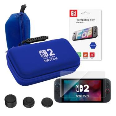 Imagem de Kit Estojo Case Proteção + Película Vidro Temperado + 3 Pares Grip Analógico para Nintendo Switch 2 (Azul)