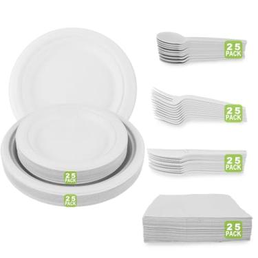 Imagem de Diihossbox Conjunto de pratos de papel biodegradáveis, descartáveis, resistentes, ecológicos, incluindo pratos, garfos, facas, colheres, guardanapos para aniversário, acampamento, piquenique