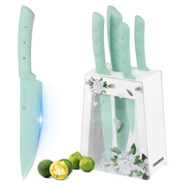 Imagem de KOSHA Conjunto de 6 facas de aço inoxidável com bloco – Conjunto de facas de cozinha para cortar, fatiar e cortar em cubos (rosa) | Cabo ergonômico, bloco de facas de acrílico floral, revestido