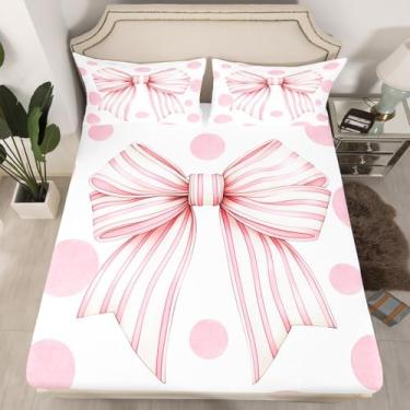 Imagem de Jogo de lençol casal casal com laço, decoração de quarto de princesa sonhadora, estampa de borboleta, para meninos e meninas, rosa e branco, 2 fronhas (não planas)