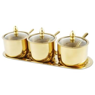 Imagem de KHZSPP Conjunto de açucareiro de aço inoxidável com tampa de vidro e colher conjunto de 3 potes de condimentos com bandeja reutilizável conjunto de potes de condimento caixa de tempero elegante para