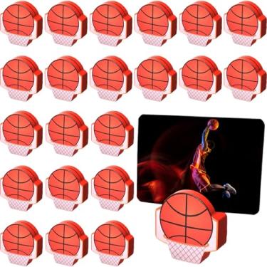 Imagem de AceOrbit Bases de bola esportiva de madeira de basquete e clipes de memorando - Porta-cartões multiuso para números de mesa de casamento, cartões de menu, suportes de fotos, suprimentos de festa de