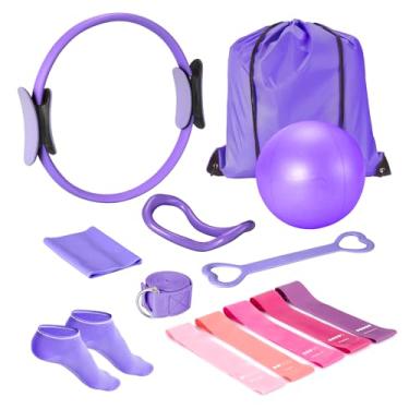 Imagem de Ideal Swan Kit essencial de pilates para mulheres, conjunto de equipamentos de treino de anel de pilates com bola de 25 cm, faixas de resistência, acessórios, conjunto de pilates roxo para iniciantes