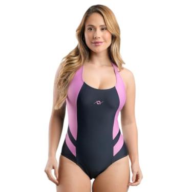 Imagem de Maiô De Natação Hidroginástica Esportivo Nadador Feminino Piscina Praia (Grafite/Rosa, G)