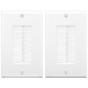Imagem de VCE Placa de parede escovada para passagem de cabo, capa de parede decorativa de interruptor único com abertura de escova para cabos de baixa tensão, gerenciamento de cabos na parede para TV de montagem em parede, sistema de home theater, branco (pacote com 2)