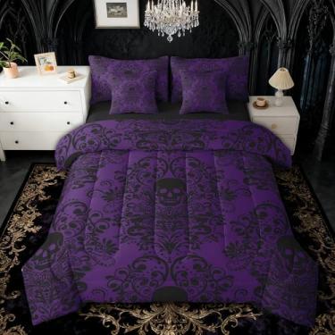 Imagem de Feelyou Conjunto de edredom de caveira gótica com 7 peças, Queen, estampa de damasco, para crianças, meninos, meninas, gótico, boêmio, preto, roxo, respirável, macio, microfibra leve