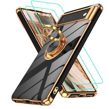 Imagem de Gritup Capa para celular Google Pixel 6 com 2 peças de protetor de tela | Suporte magnético de rotação de 360° | Revestimento dourado macio TPU protetor básico para Pixel 6 preto