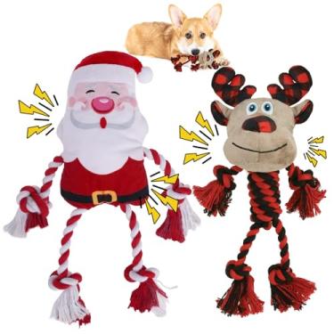 Imagem de PAWCHIE Pacote com 2 brinquedos de Natal para cães, brinquedos interativos para filhotes de cachorro, brinquedos macios para dentição de animais de estimação, corda de Papai Noel, formato de rena para