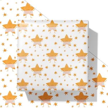 Imagem de SaringSwoon Papel de embrulho de chá de bebê Star para crianças - Embalagem de presente de estrela amarela com estrelas sorridentes laranja em camisas xadrez design para aniversário, chá de bebê - 71