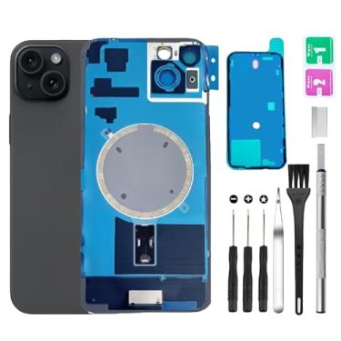 Imagem de Substituição de vidro da tampa traseira traseira para iPhone 15 Plus + lente da câmera + ímã + suporte de peça de ferro com kit de ferramentas de reparo (preto)