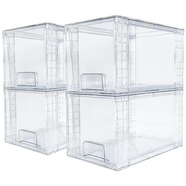 Imagem de SUGOOE Pacote com 4 gavetas grandes empilháveis para despensa de cozinha, caixas organizadoras de plástico transparente com alças, ideal para organização e armazenamento em cômodas, despensa, armários