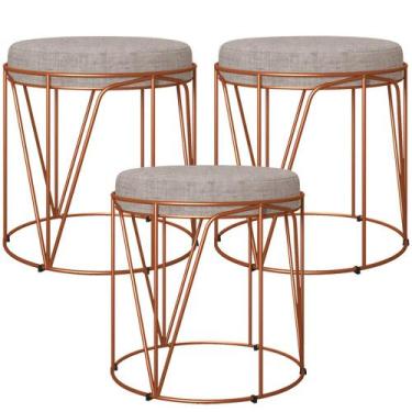 Imagem de Kit 03 Puffs Decorativo Aramado Bronze Zaya L02 Linho Bege - Lyam Deco