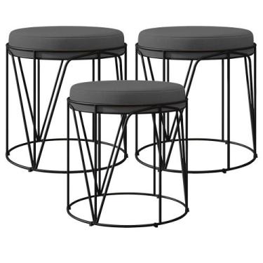 Imagem de Kit 03 Puffs Decorativo Aramado Preto Zaya L02 Suede Cinza - Lyam Deco