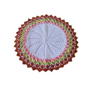 Imagem de Kit 6 Sousplat Em Crochê Artesanal 36Cm Branco Verde E Rosa