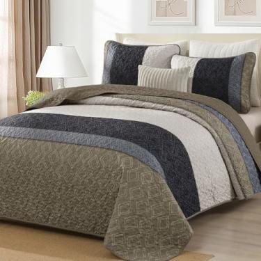 Imagem de Conjunto de colcha Queen Size 3 peças, conjunto de colcha xadrez listrada, conjunto de cama boêmio taupe conjunto de cama de microfibra macia com 2 fronhas 244 x 228 cm