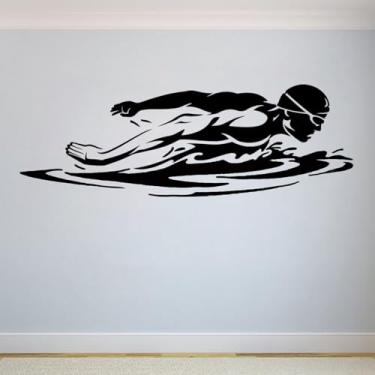Imagem de Decalque de parede de vinil nadador piscina esportes aquáticos adesivos de parede para decoração de quarto de casa mural papel de parede removível 42 x 130 cm
