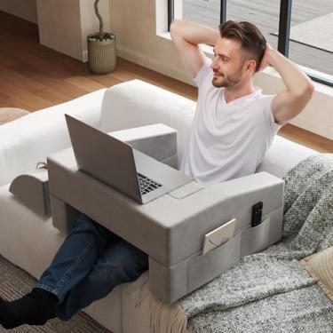 Imagem de Nevsokio Almofada de leitura com suporte de copo e bolso, almofada dobrável para jogos de mesa para adultos, suporte ergonômico para descanso de braço para leitura, trabalho, tricô na cama, sofá, chão