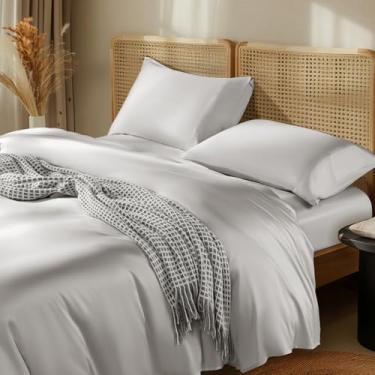 Imagem de LBRO2M Jogo de lençóis Queen de cetim com mistura modal de seda amoreira, 16, lençol com elástico alto, 4 peças, resistente a amassados, macio e respirável (Queen, cinza)