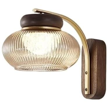 Imagem de Luminárias de parede vintage de nogueira de meados do século, fonte de luz LED, abajur de vidro regulável de três cores, arandelas de parede, personalidade, sala de jantar, cabeceira, quarto