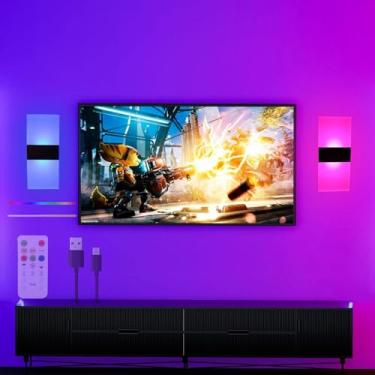 Imagem de Luminária de parede recarregável USB RGB com controle remoto, sem fio, alimentada por bateria, luminária de parede interna LED, luminária preta de cabeceira para quarto e corredor (2 unidade