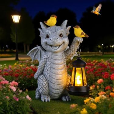 Imagem de ILLUMINEW Estátua de dragão solar de jardim com lanterna e pássaros – Estatueta de dinossauro de resina com luz LED para quintal, decoração ao ar livre, presentes para mãe, mulheres