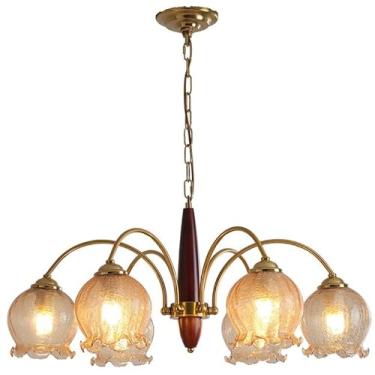 Imagem de Lustre Sputnik moderno de 6 luzes de meados do século com vidro âmbar rachado, lustre floral, luminária pendente de ilha de cozinha de fazenda de madeira vintage para quarto, mesa de jantar,