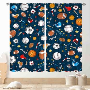 Imagem de TKUYO Cortinas infantis para quarto, basquete infantil, futebol, beisebol, esportes, bola, azul marinho, blackout para janela, tratamentos para sala de estar, berçário, sala de jogos, 2 painéis, 107 x