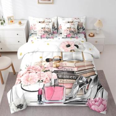 Imagem de Erosebridal Conjunto de edredom feminino moderno, rosa, tamanho casal, com perfume de flores, para meninas, mulheres, branco, cinza, dourado, mármore, 7 peças, livros de revistas de salto alto