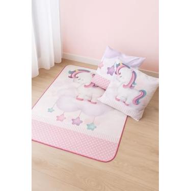 Imagem de Kit Tapete Infantil 1,35X1,00 Decorativo com 2 Almofadas, Base Antiderrapante para Quarto e Área de Brincadeiras (UNICORNIO ESTRELA)