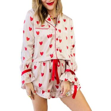 Imagem de Pijama feminino Yiulangde, seda, 2 peças, estampa de coração, Galentin