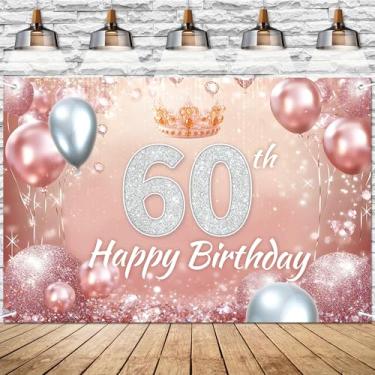 Imagem de Faixa rosa rosa feliz aniversário 60 anos cenário diamante glitter tema decoração de fundo para meninas mulheres rainha festa de aniversário decorações suprimentos 183 x 109 cm BECKTEN