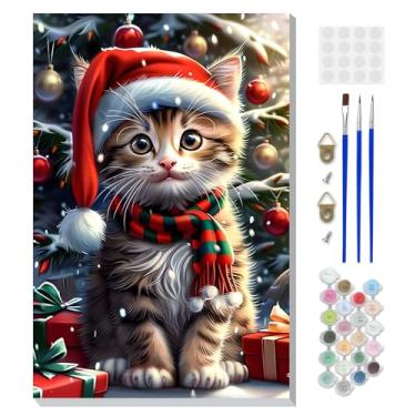 Imagem de DOMROM Kit de pintura emoldurada de Natal por números para adultos com cavalete de madeira, kit de pintura de gato por números para iniciantes, kits de pintura a óleo DIY para decoração de parede de