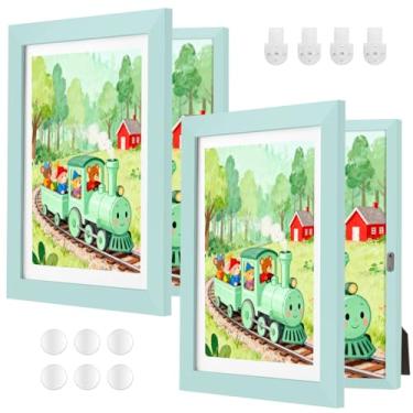 Imagem de ABCHIOPQ Pacote com 2 molduras azuis para crianças, 21 x 28 cm, moldura de arte infantil de madeira com abertura frontal, moldura de arte infantil com tapete, comporta 150 peças, molduras de