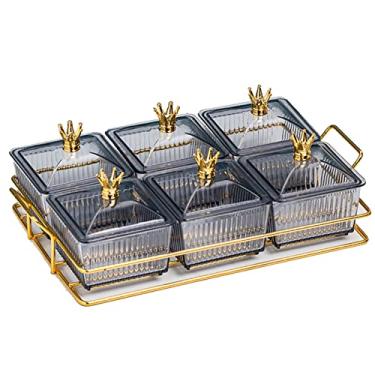 Imagem de Bandeja de tempero dividida de plástico, tigela de servir removível com tampas, bandeja de lanche de festa para aperitivo de frutas, doces de sobremesa, cinza, 6 compartimentos C