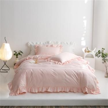 Imagem de Conjunto de edredom com babados, verde claro com babados, 600 fios, lençol de cima de algodão e lençol com elástico (lençol de cima king size rosa)