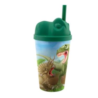 Imagem de Copo Infantil Personalizado de Canudo com Tampa 3d animais divertidos (NEW DINO-VERDE) 350 ml