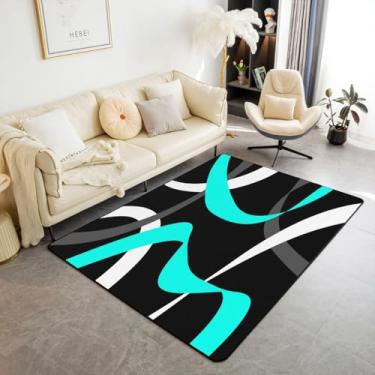 Imagem de Erosebridal Tapete cinza preto turquesa azul-petróleo cinza branco listrado abstrato tapete de chão para ambientes internos 1,78 m x 3'7,6 cm para crianças, meninos, meninas, listras geométricas