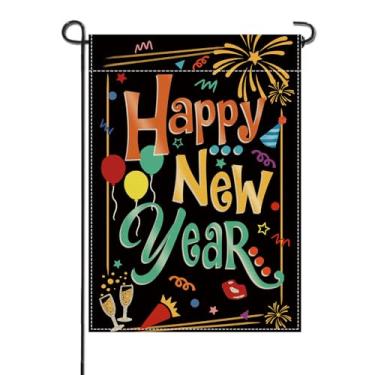 Imagem de Artofy Feliz Ano Novo 2026 Pequena Bandeira Decorativa de Jardim, Balão Colorido Fogos de Artifício Champanhe Celebração Jardim Gramado Decoração Externa Decoração de Natal Inverno Exterior Decoração