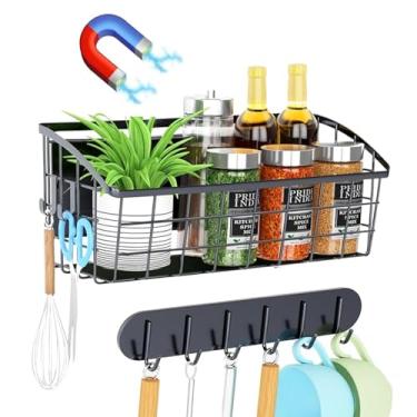 Imagem de Prateleira magnética para geladeira, com 2 ganchos móveis e 1 gancho, prateleira magnética de geladeira, prateleiras de armazenamento de cebola, batata fruta, cebola, organizador de temperos magnético