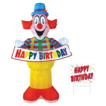 Imagem de Beistle Placa inflável jumbo de palhaço de feliz aniversário – Palhaço autoinflável colorido com luzes LED e placa de gramado de plástico para todos os climas com estaca de metal, decoração de festa