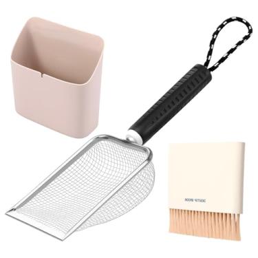Imagem de Colher de areia para gatos, colher de areia para gatos de aço inoxidável com vassoura pequena e pá de lixo, colher de malha de metal resistente adequada para caixa de areia de gatos, fácil de limpar