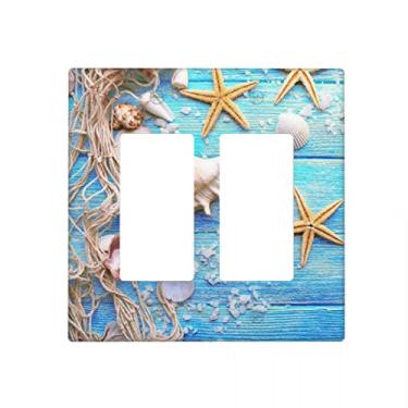 Imagem de Capa de interruptor de luz decorativa de madeira concha de mar com tema de praia, capa de interruptor de luz decorativa de 2 entradas de decoração de placa de interruptor tampa de tomada de receptáculo, tamanho 4,5" x 4,57" polegadas