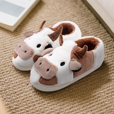 Imagem de Pantufas de vaca para mulheres e homens – Pantufa de pelúcia macia antiderrapante para casa de vacas fofas, sapatos felpudos quentes de inverno com espuma viscoelástica confortável, marrom, Marrom