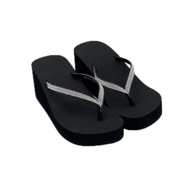 Imagem de Sandálias femininas com strass, chinelos, plataforma, chinelos de cunha, sapatos de casamento, praia, caminhada, salto, tanga para mulheres, elegantes, Preto, 40