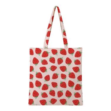 Imagem de Generic Sacola de lona de morango com 2 bolsos internos, 340 g, média, bolsa de presente feminina, compatível com bricolage, multiuso, lavável na máquina